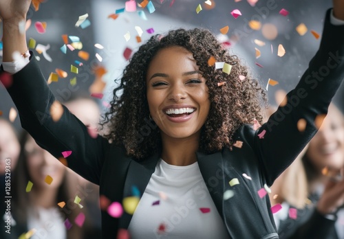 A woman in a black suit is surrounded by confetti. She is smiling and she is celebrating