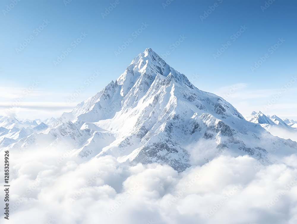 Majestic alpine peak towering above sea of white clouds under clear blue sky, showcasing beauty of nature grandeur and serenity Majestic alpine peak towering above sea of white clouds under clear blue sky, showcasing beauty of nature grandeur and serenity
