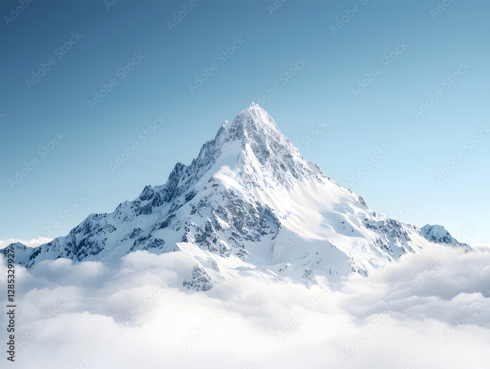 Majestic alpine peak towering above sea of white clouds, showcasing stunning snow covered slopes and clear blue sky. breathtaking natural landscape Majestic alpine peak towering above sea of white clouds, showcasing stunning snow covered slopes and clear blue sky. breathtaking natural landscape