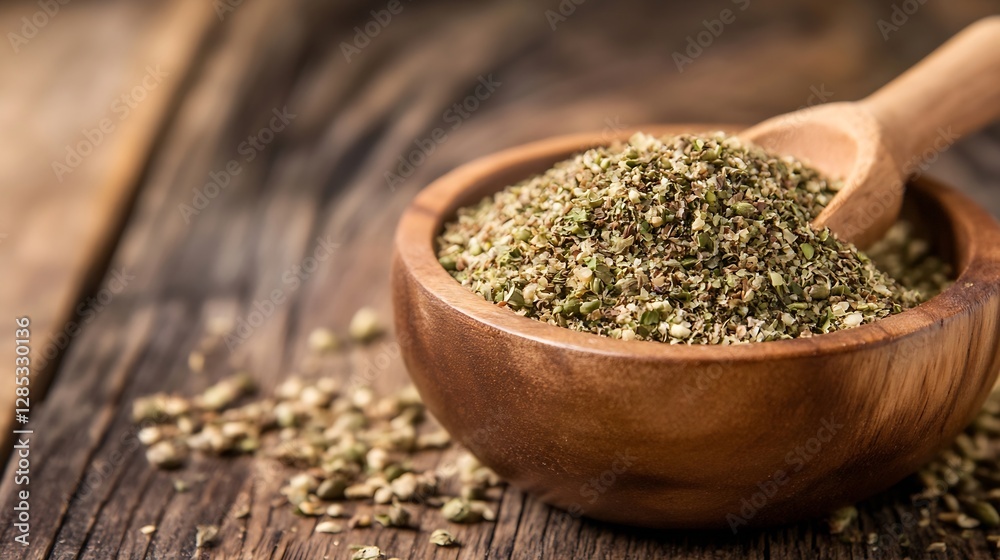Finely Ground Oregano Spices in Wooden Bowl with Spoon for Cooking and Garnishing : Generative AI Finely Ground Oregano Spices in Wooden Bowl with Spoon for Cooking and Garnishing : Generative AI
