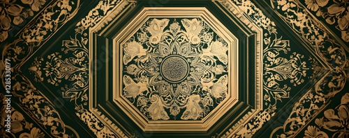 Intricate octagonal ceiling design showcases ornate golden floral motifs