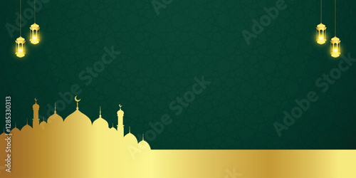 modern islamic background for banner and cover with golden mosque and lantern in frame background decoration