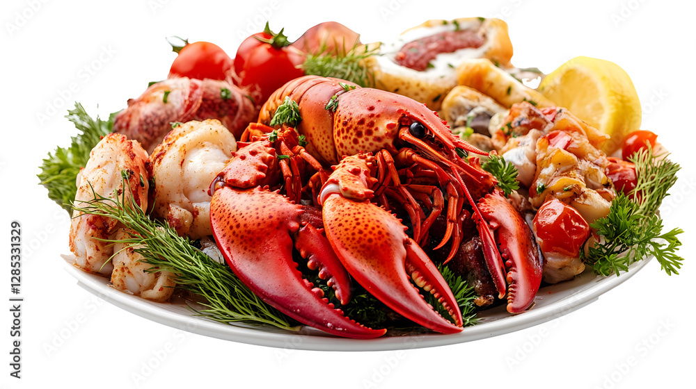 Garlic Crayfish, gourmet, meat plate, chicken dish , on white Garlic Crayfish, gourmet, meat plate, chicken dish , on white