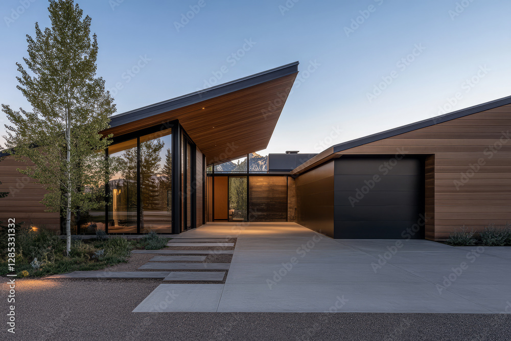 Modern architectural design showcased in a residential building during twilight hours Modern architectural design showcased in a residential building during twilight hours