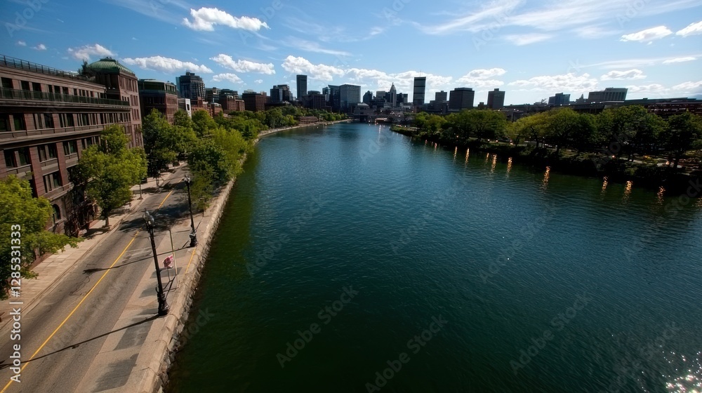 Scenic view of a city skyline along a tranquil river with lush greenery and blue skies Scenic view of a city skyline along a tranquil river with lush greenery and blue skies