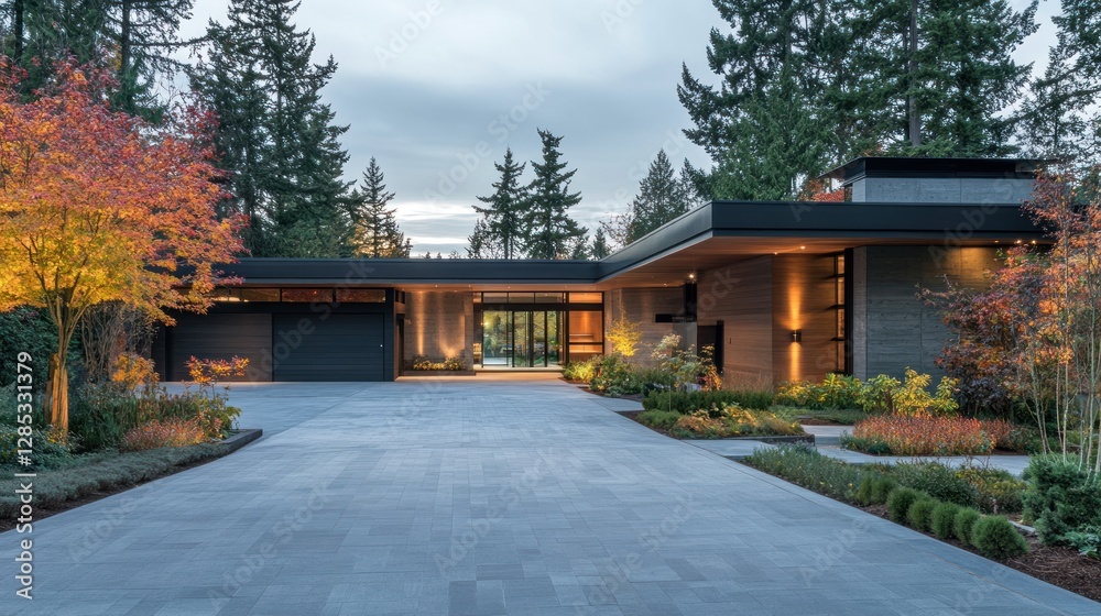 Modern luxury home exterior at dusk, showcasing sleek design, expansive driveway, and autumnal landscaping. Modern luxury home exterior at dusk, showcasing sleek design, expansive driveway, and autumnal landscaping.