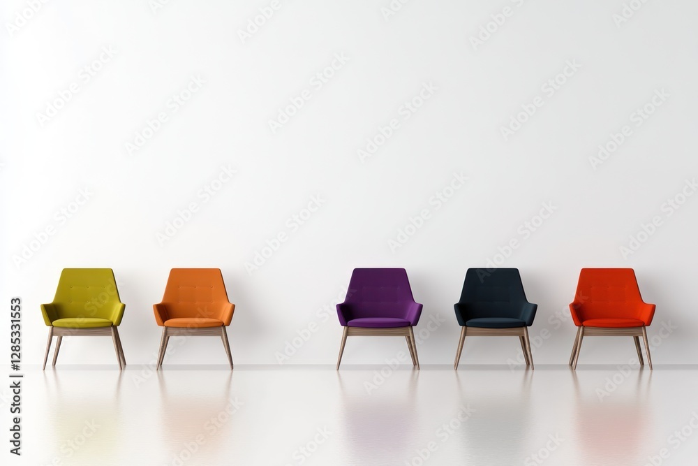 Fototapeta premium Vibrant Multicolored Armchairs Against White Wall - 3D Render Panorama