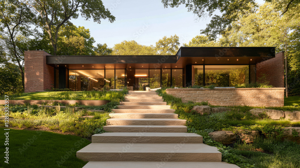 Modern residence showcases sleek design in a serene natural environment with lush landscaping Modern residence showcases sleek design in a serene natural environment with lush landscaping