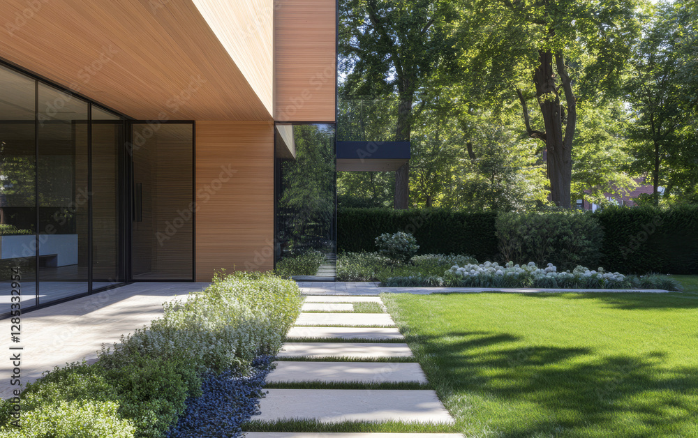 Fototapeta premium Modern garden with stone pathway in residential area during sunny daytime