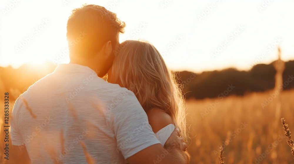 Romantic Couple Embracing During a Golden Sunset in a Fallow Field : Generative AI Romantic Couple Embracing During a Golden Sunset in a Fallow Field : Generative AI