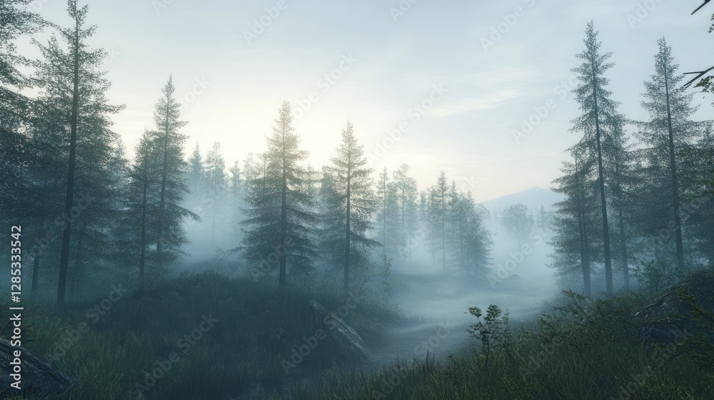 Misty Morning Forest Scene with Tall Pines, Soft Light, and Serene Atmosphere Misty Morning Forest Scene with Tall Pines, Soft Light, and Serene Atmosphere