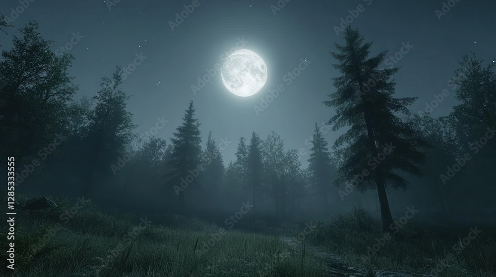 Luminous Full Moon Over Serene Forest at Nighttime with Misty Atmosphere Luminous Full Moon Over Serene Forest at Nighttime with Misty Atmosphere