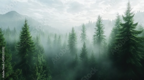 Serene Misty Forest Landscape with Evergreen Trees Underlight Clouds