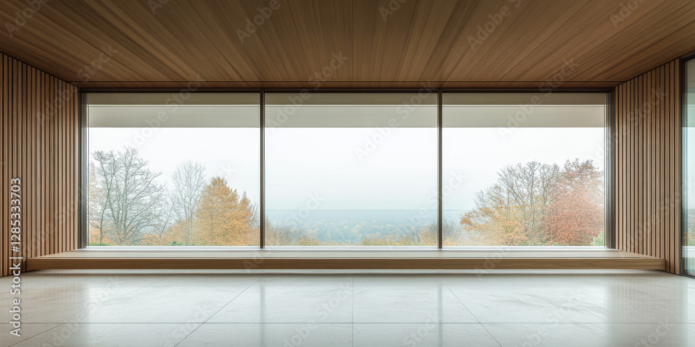 Fototapeta premium Modern interior with large windows overlooking a misty autumn landscape in a serene environment