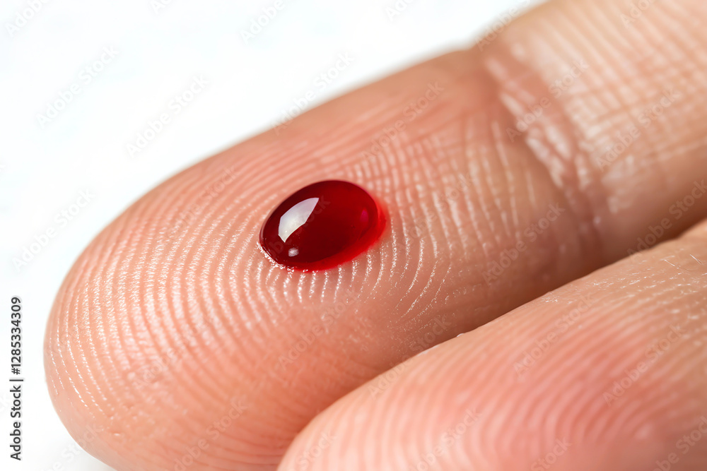 Drop of blood on a fingertip after a glucose ,Diabetes Drop of blood on a fingertip after a glucose ,Diabetes