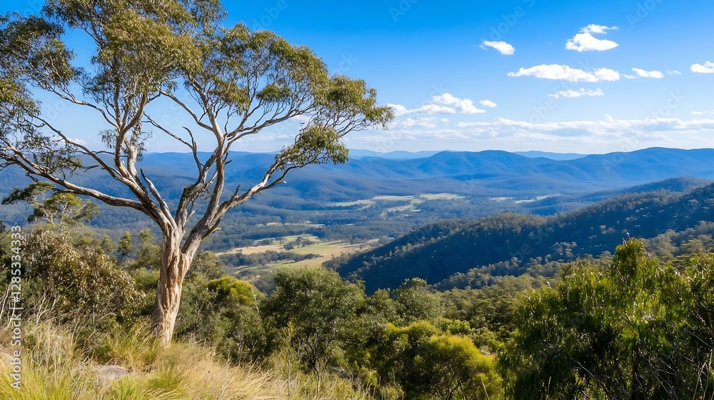 Beautiful panoramic view of mountains and valleys with a solitary tree in the foreground showcasing natural beauty : Generative AI Beautiful panoramic view of mountains and valleys with a solitary tree in the foreground showcasing natural beauty : Generative AI