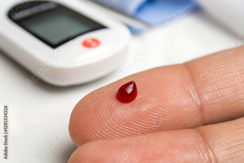 Drop of blood on a fingertip after a glucose ,Diabetes photo