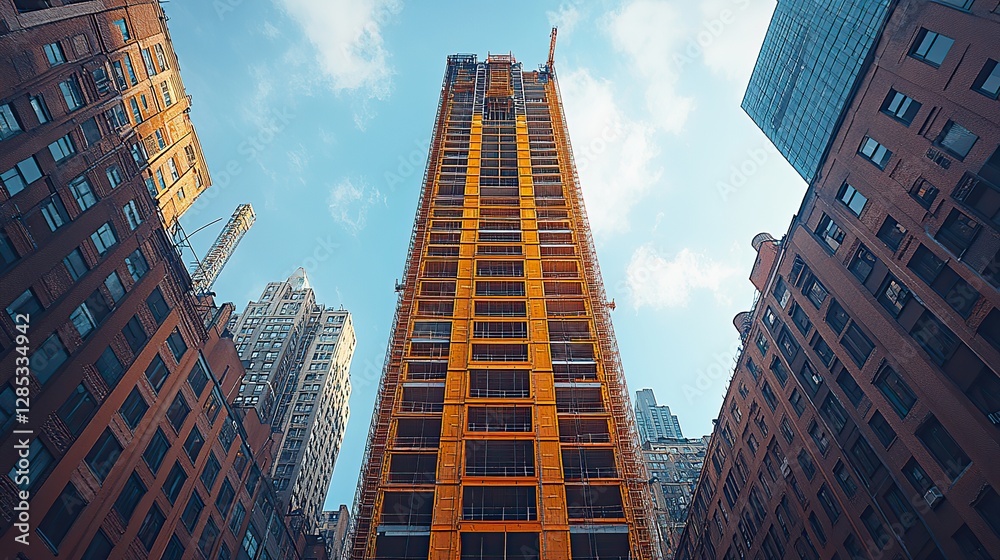 Obraz premium A modern skyscraper under construction, its scaffolding rising amidst surrounding buildings