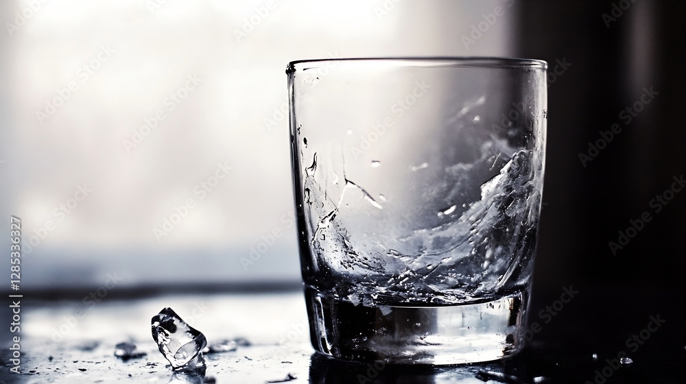 Elegant Empty Glass with Water and Broken Ice on Dark Surface Creating Dramatic Mood : Generative AI Elegant Empty Glass with Water and Broken Ice on Dark Surface Creating Dramatic Mood : Generative AI