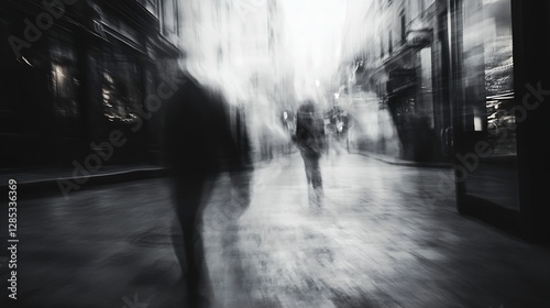 Abstract blurred image of people walking in city center creating a haunting atmosphere : Generative AI