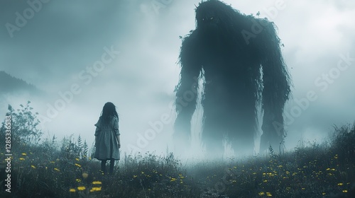 A monster and a child stand together in a mysterious, foggy landscape
