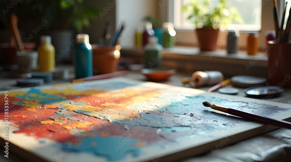 artist’s workspace, with paintbrushes, tubes of paint, and a half-finished masterpiece on a canvas. artist’s workspace, with paintbrushes, tubes of paint, and a half-finished masterpiece on a canvas.