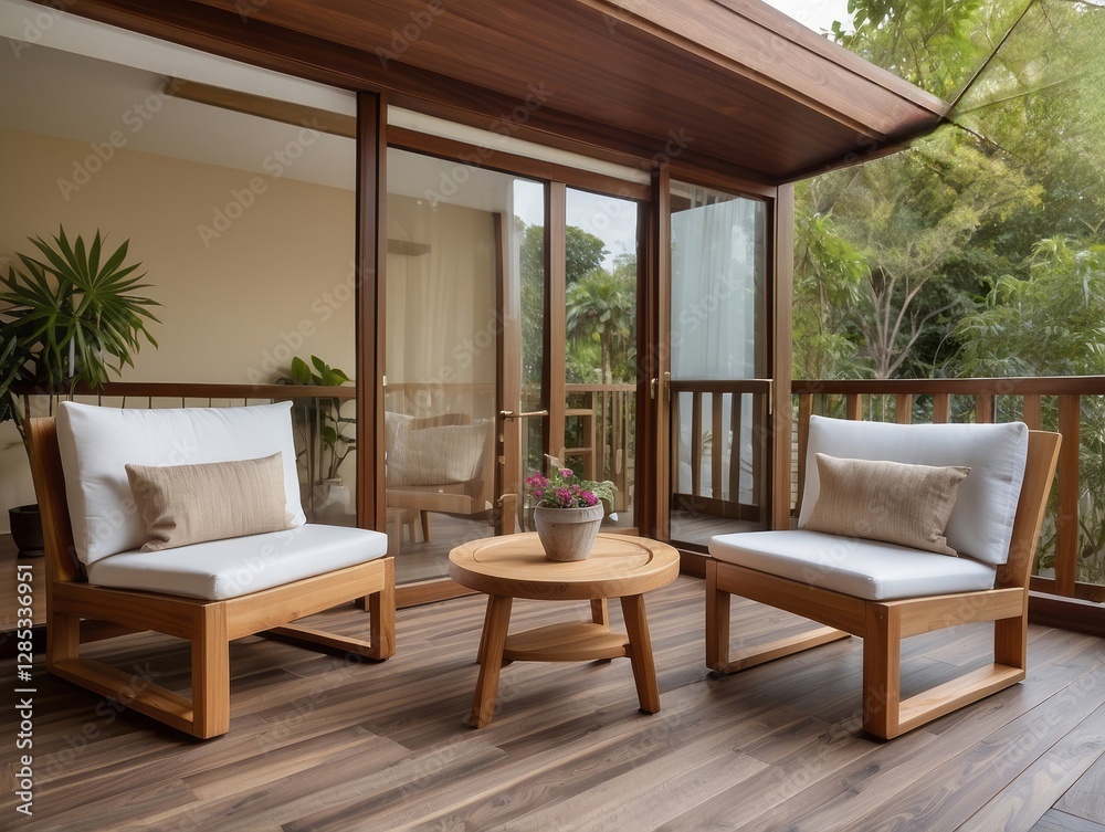 Fototapeta premium Luxurious wooden balcony showcases outdoor furniture with lush greenery