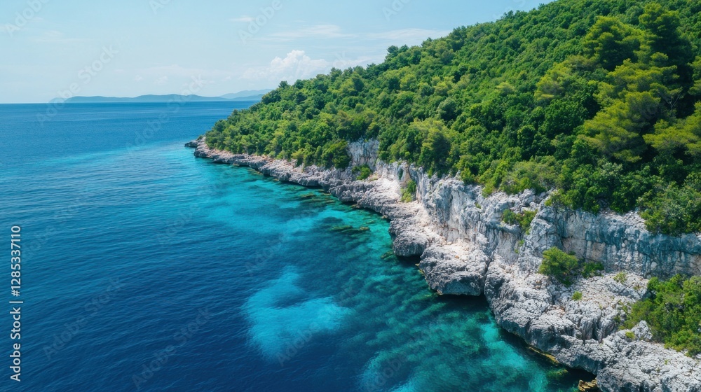 Tranquil Coastline of Island Paradise with Lush Greenery and Crystal Waters Tranquil Coastline of Island Paradise with Lush Greenery and Crystal Waters