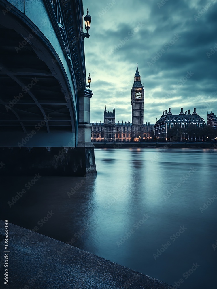Fototapeta premium Beautiful evening view of Big Ben and the Houses of Parliament in London under moody sky : Generative AI