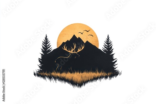 Silhouette of Deer in Mountainous Camping Landscape Vector Illustration