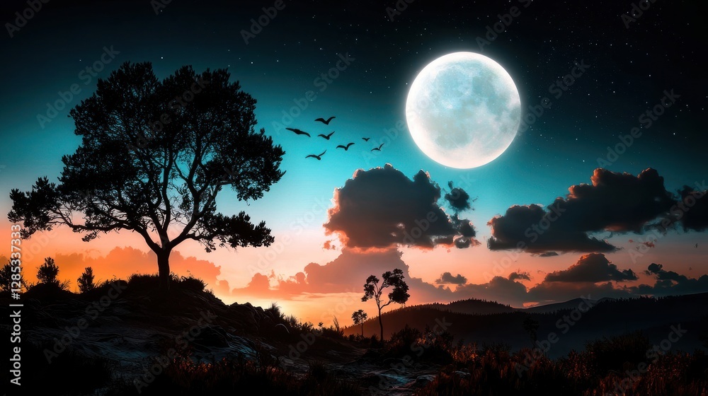 Serene night landscape featuring a large moon, silhouetted tree, and flying birds at twilight Serene night landscape featuring a large moon, silhouetted tree, and flying birds at twilight