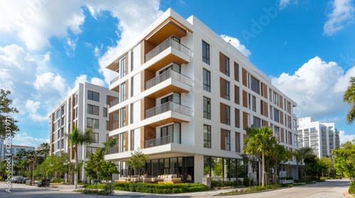 Modern Residential Building Designed With Contemporary Architecture Surrounded by Lush Landscaping in a Vibrant Urban Setting