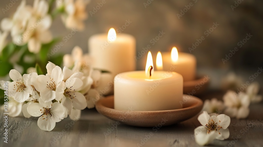 Serene Composition of Burning Candles and Delicate White Flowers for Relaxation : Generative AI Serene Composition of Burning Candles and Delicate White Flowers for Relaxation : Generative AI