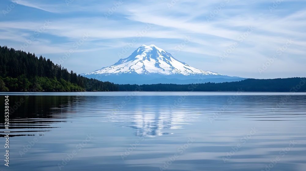 Stunning view of Mount Rainier reflected in calm lake water surrounded by trees and blue sky : Generative AI Stunning view of Mount Rainier reflected in calm lake water surrounded by trees and blue sky : Generative AI