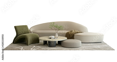 Wallpaper Mural Modern white sofa and green armchair with table and rug isolated PNG.3d rendering Torontodigital.ca