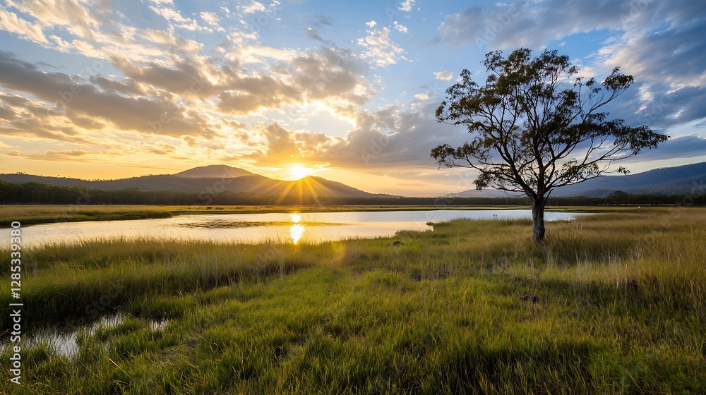 Stunning Sunset Over Tranquil Lake and Field with Silhouette of a Tree : Generative AI Stunning Sunset Over Tranquil Lake and Field with Silhouette of a Tree : Generative AI