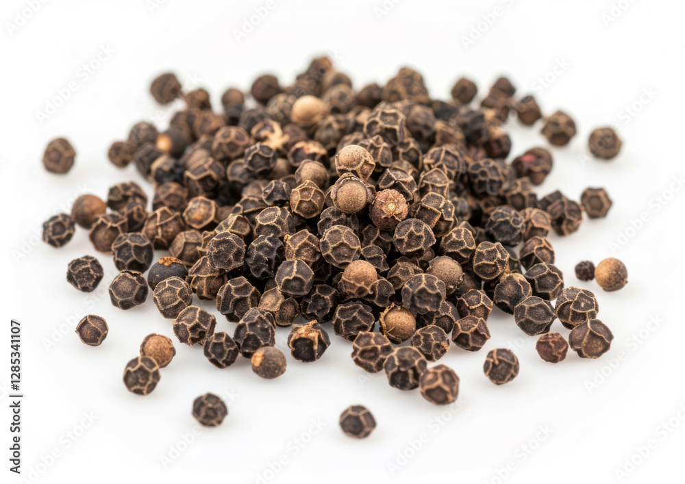 Black pepper scattered on a white background with professional color grading. Black pepper scattered on a white background with professional color grading.