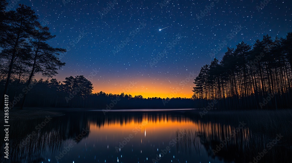 Naklejka premium A night sky over a lake with a shooting star and forest silhouette captures a fleeting moment of cosmic wonder