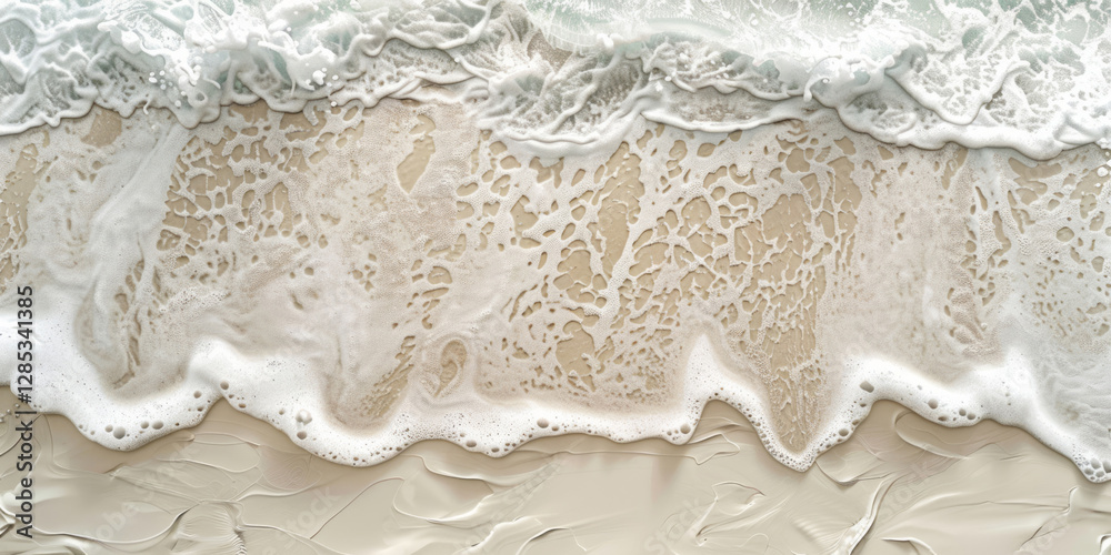 Obraz premium An aerial view of the sea with waves crashing onto sand in an ocean beach setting, focusing on clear water and gentle white foam against a light sandy background with space for text at the bottom.
