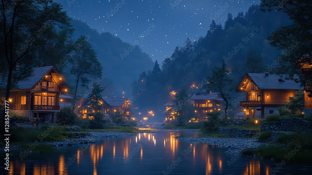 A nighttime village landscape with a starry sky and stream creates a peaceful and idyllic scene A nighttime village landscape with a starry sky and stream creates a peaceful and idyllic scene
