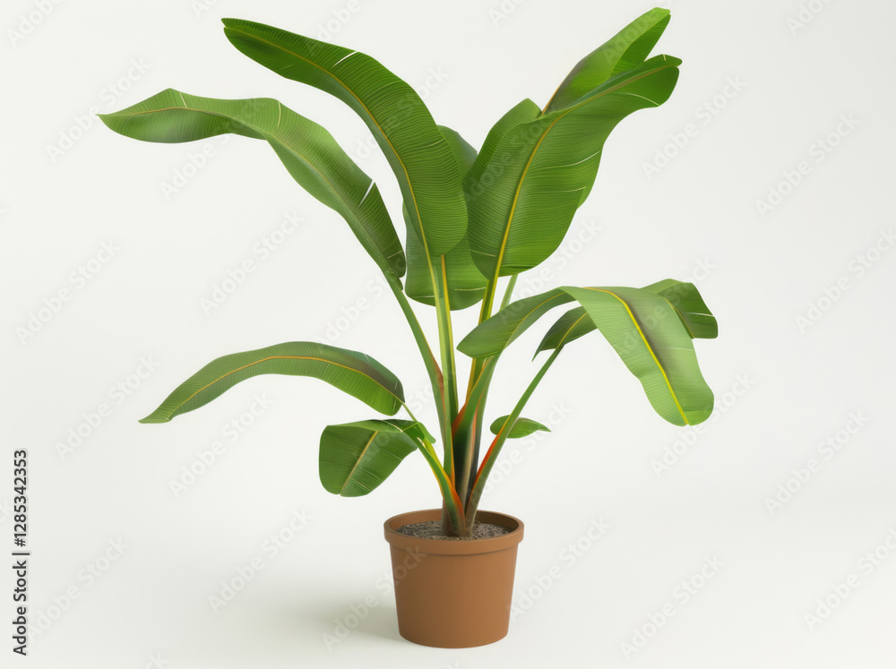 Fototapeta premium A potted banana plant with large leaves on a white background, as a 3D illustration.