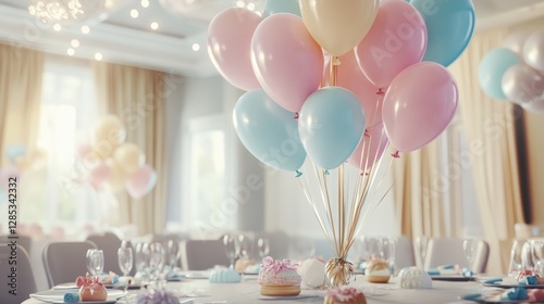 Festive pastel balloon centerpiece at elegant birthday party in cozy venue photo