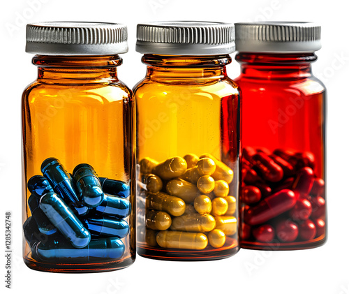 Medicine bottles with pills isolated on transparent background.
