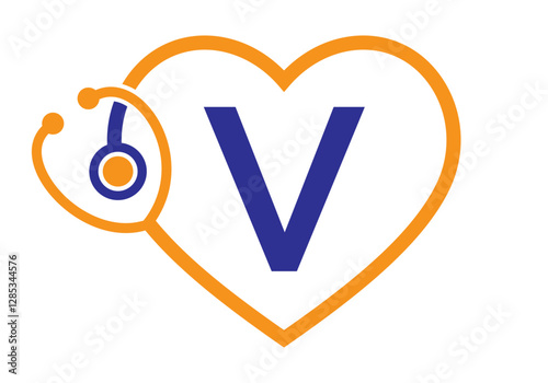 Initial Letter V Medical Logo Concept With Heart and Stethoscope Symbol For Healthcare and Medical Sign