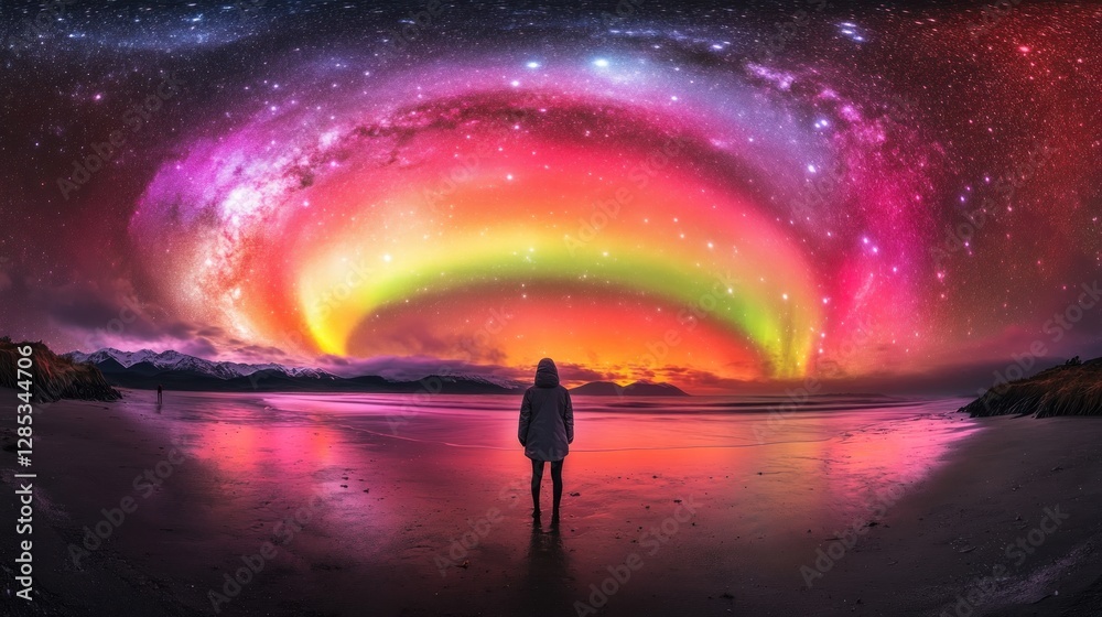 Cosmic Beachscape: A Solitary Figure Under a Kaleidoscopic Aurora and Starry Sky Cosmic Beachscape: A Solitary Figure Under a Kaleidoscopic Aurora and Starry Sky