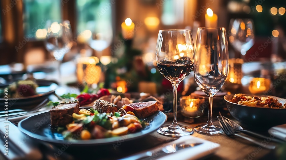 Elegant Table Set for Luxurious Dining Experience with Candlelight and Gourmet Dishes : Generative AI Elegant Table Set for Luxurious Dining Experience with Candlelight and Gourmet Dishes : Generative AI