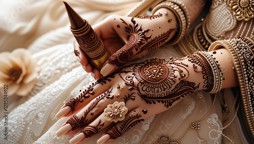 Elegant Top-View Close-Up of Bridal Henna – Intricate Arabic Mehndi Floral Patterns Applied with a Cone Before the Wedding