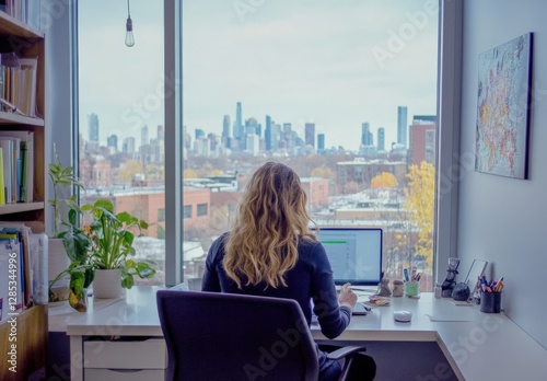 A woman is sitting at a desk with a laptop. She is wearing a black shirt. The desk is in front of a window with a view of a city
