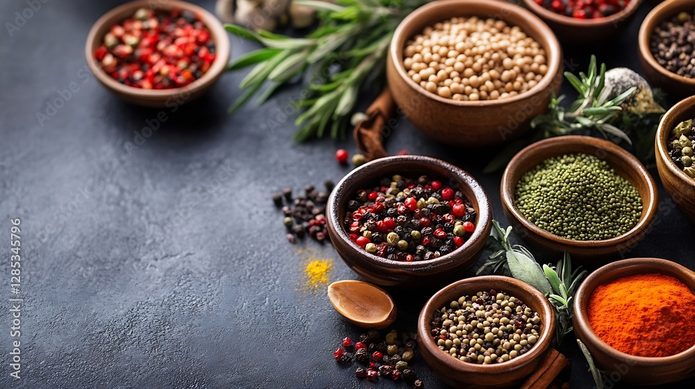 Artful Arrangement of Varied Spices and Herbs in Beautiful Bowls on a Dark Surface : Generative AI Artful Arrangement of Varied Spices and Herbs in Beautiful Bowls on a Dark Surface : Generative AI