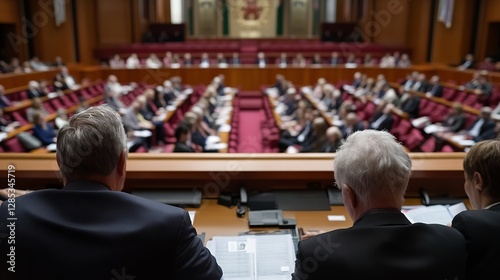Formal parliamentary session with representatives discussing important matters around table : Generative AI